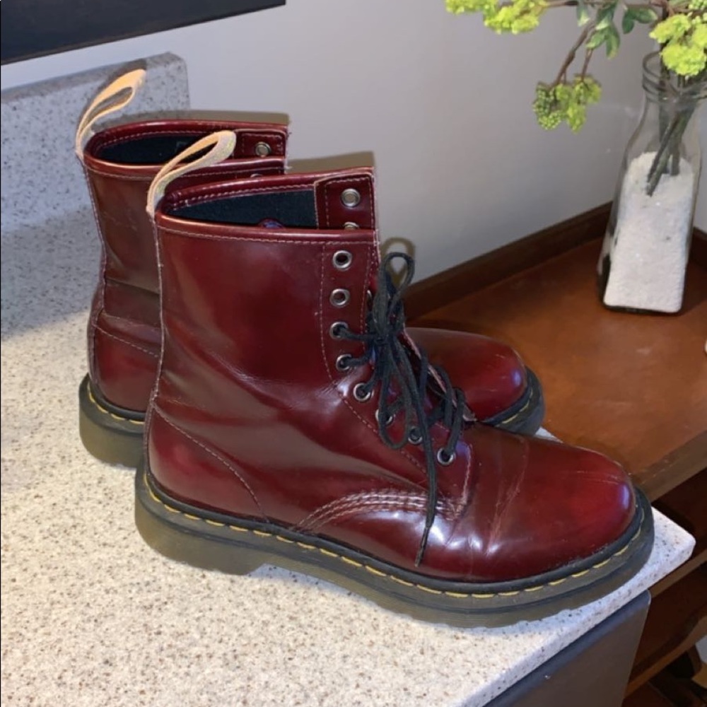 Dr. Martens vegan leather boots in cherry red